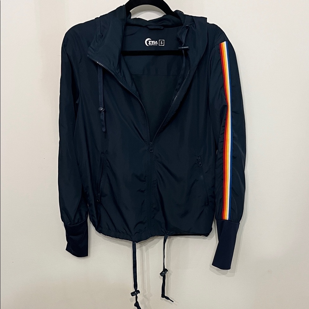 ZYIA Navy Bomber Jacket with Vibrant Sleeve Accents - Picture 4 of 6